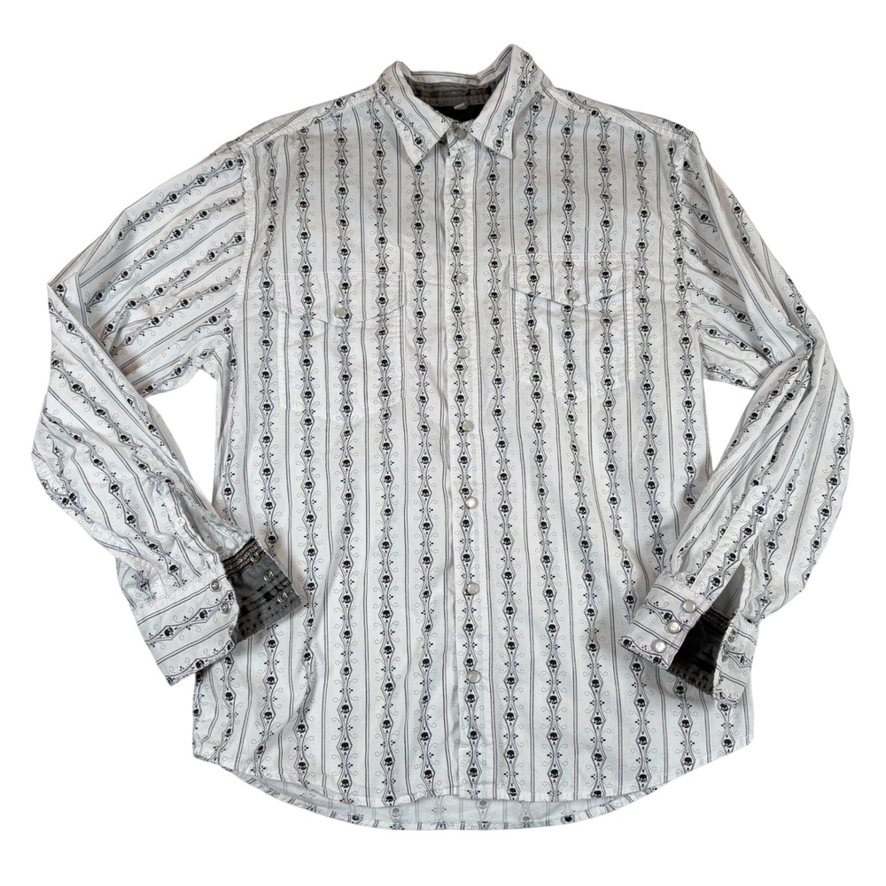 Scully Mens Western Pearl Snap Shirt Small White‎ Skull Stripe Gothic Rockabilly